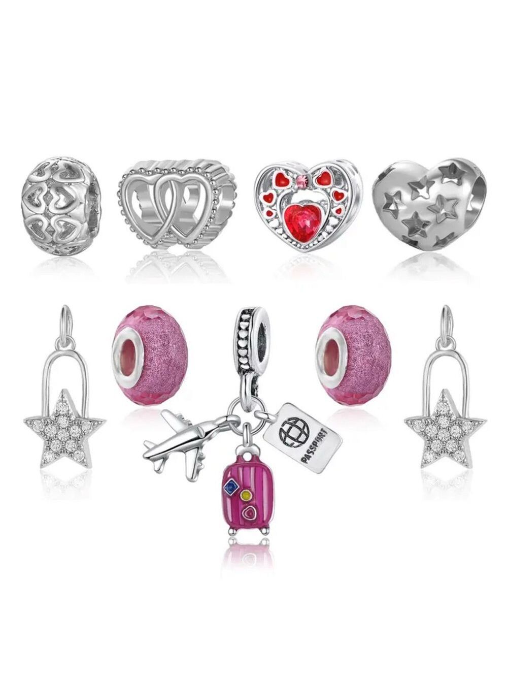 9pc Set Silver and Pink Charm